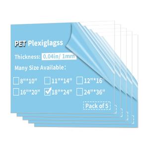 5 Pack 18x24 PET Plexiglass Sheets 0.04" Thick Clear Plexiglass Panels Transparent Plastic Sheets for Photo Frames, Poster Frames, Signs, Railing Guards, Pet Barriers, DIY Craft Projects,1mm