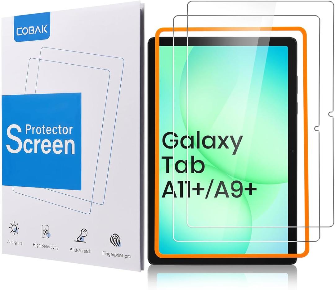 CoBak 2-Pack Tempered Glass Screen Protector for Samsung Galaxy Tab A11 Plus (A11+) 2025 / Tab A9 Plus (A9+) 2023 11-inch, Installation Frame, 9H Hardness, Anti-Scratch (Aid Tool)