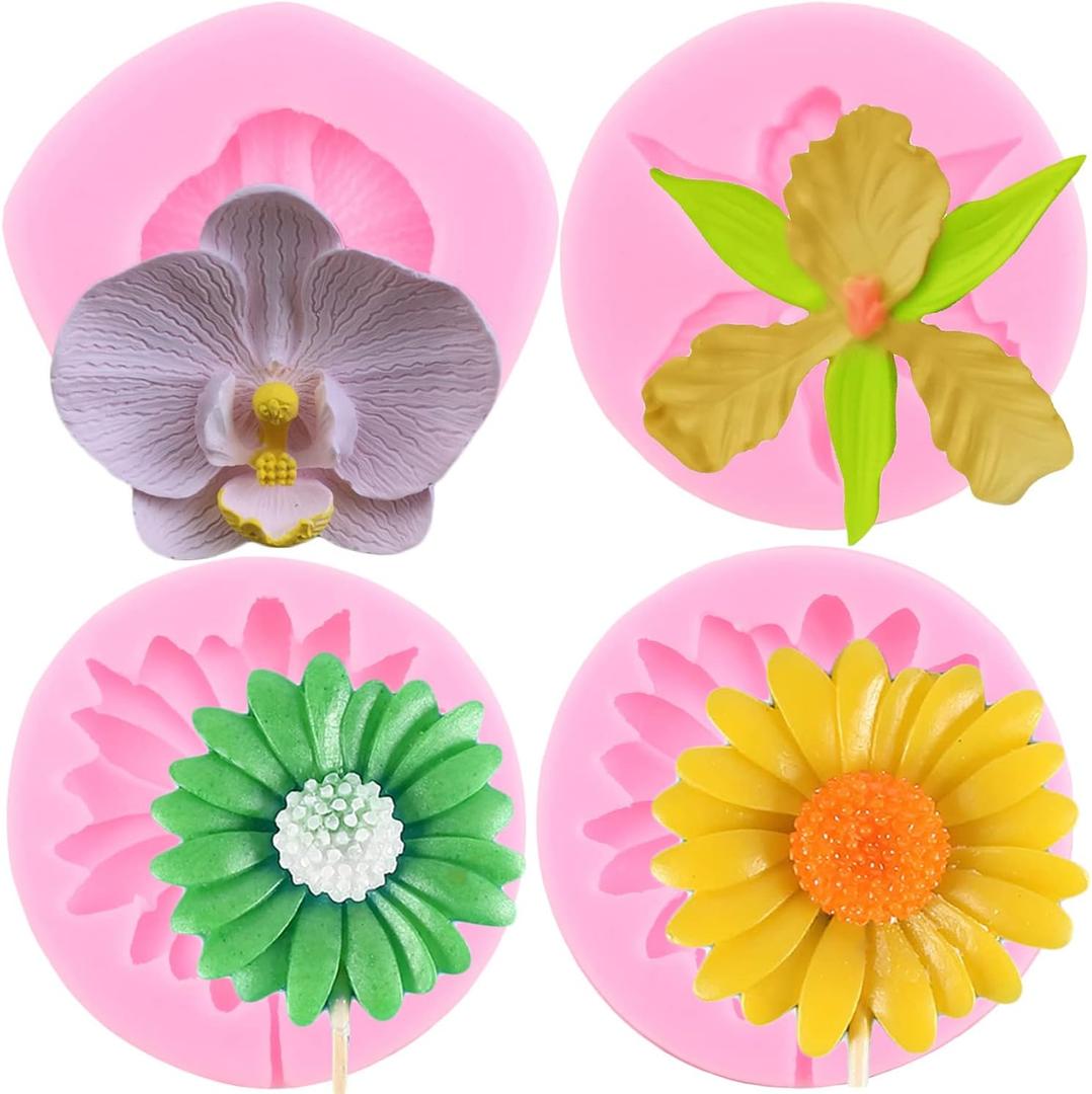 3 x Mujiang Orchid & Chrysanthemum Flower Fondant Molds Set of 4 - Silicone, Food Grade, Easy to Use & Clean, Heat Resistant - Perfect for Cake Decorating, Cupcake Toppers, Candy & Chocolate