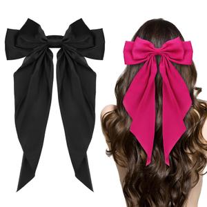 Hair Bow Clips, Black Fuchsia Long Tail French Hair Bows for Women Girl, Bow Hair Barrette Dress Up Accessories for Birthday/Party/Show/Christmas