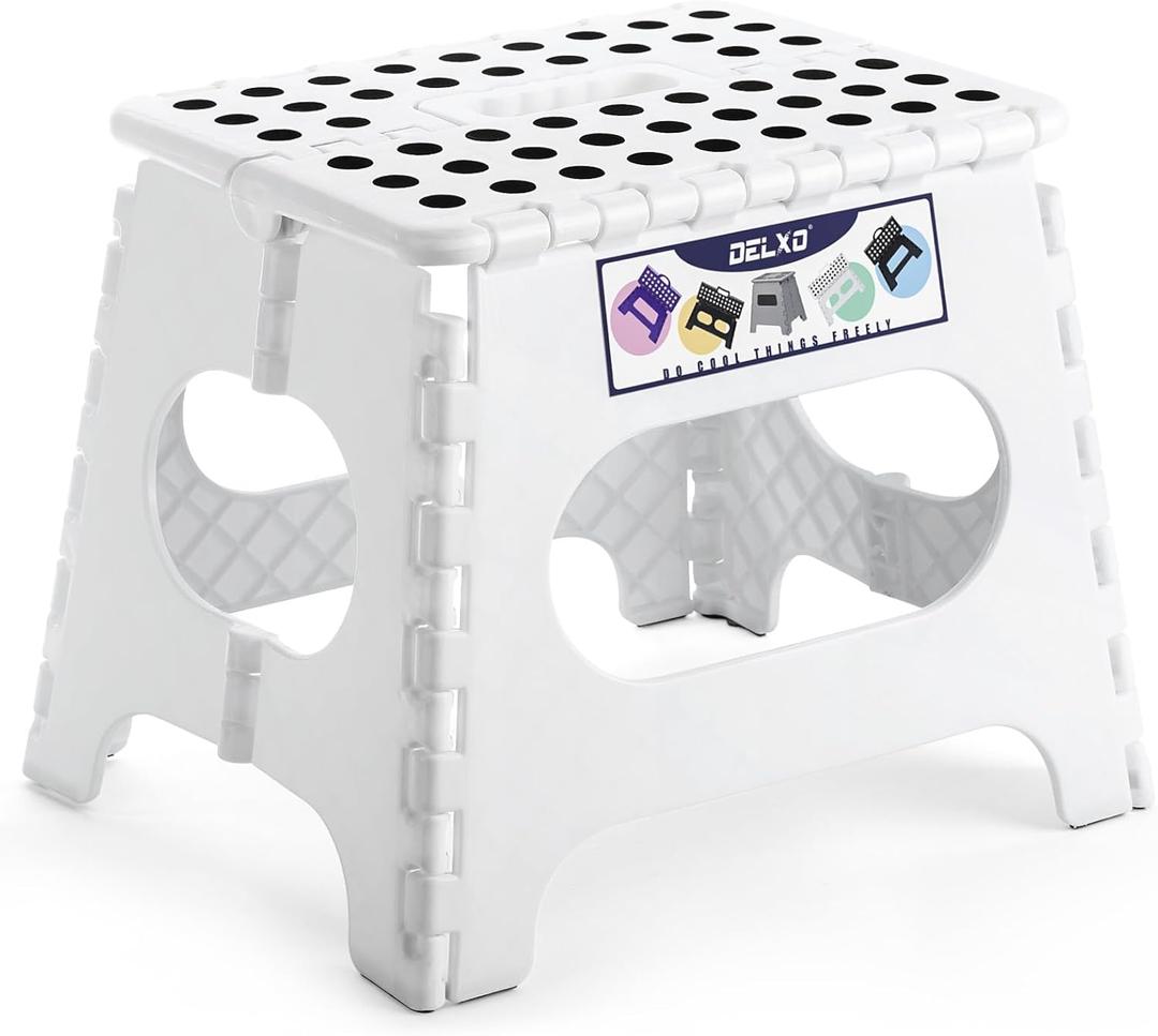 Delxo Folding Step Stool, 11 Inch Non-Slip Foldable Step Stools for Kids and Adults, Portable Foldable Step Stool Lightweight Small Folding Stool with Handle for Kitchen Bathroom in White, 1 Pack