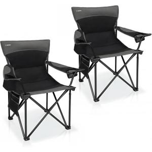 Oversized Camping Chair for Adults - 2 Pack Padded Lawn Chairs with Cup Holder & Side Pocket,Heavy Duty Folding Outdoor Chairs for Camp,Sports,Picnic,Beach,Black, 22" x 21" x 35.4"