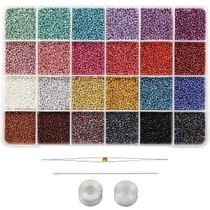Bala&Fillic Size 11/0 Seed Beads 24 Colors About 14400pcs in Box, Small Craft Beads with Clear Elastic String and Beading Needles for Earring Jewelry Making (600pcs/Color,24 Colors) (11/0-2.4mm, 24 Colors Lot 7 -11/0)