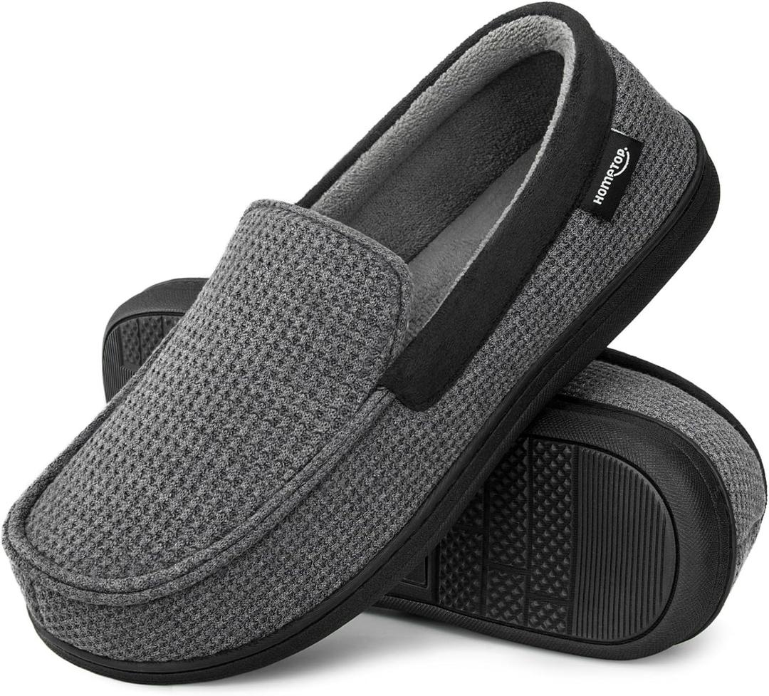 HomeTop Men's Comfort Memory Foam Moccasin Slippers, Breathable Cotton Knit Terry Cloth House Shoes for Indoor Outdoor (11 D(M) US, Dark Gray)