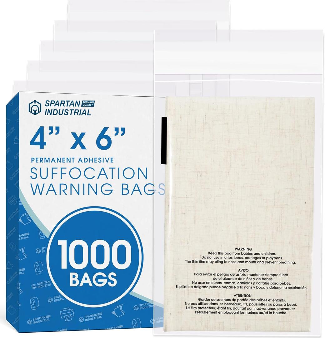 Spartan Industrial - 4 X 6 (1000 Count) Self Seal Clear Poly Bags with Suffocation Warning for Retail Packaging, Shipping - Permanent Adhesive