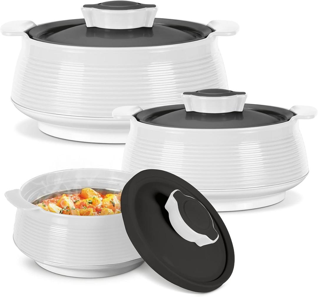 Milton Casserole for Hot Food, Double Walled Insulated Inner Stainless Steel Hot Pot with Lid, Serving box for Food and Roti, Serving Bowl, Set of 3 (Size 62, 45, 28 oz) Venice, Micro White