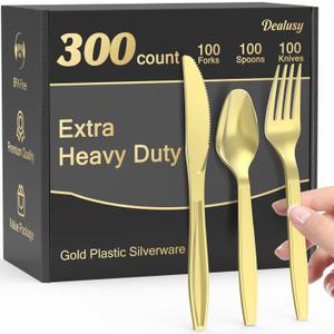 300 Count Extra Heavy Duty Gold Plastic Silverware, 100 Forks, 100 Spoons, 100 Knives, BPA-Free, Heat Resistant, Disposable Plastic Utensils Set, Plastic Cutlery Set, Plasticware Bulk