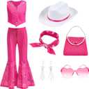 Cowgirl Costume Girls Kids Disco Outfits Movie Heroine Dress Up for Halloween Birthday Cosplay Party (150(9-10 Years), Hot Pink)