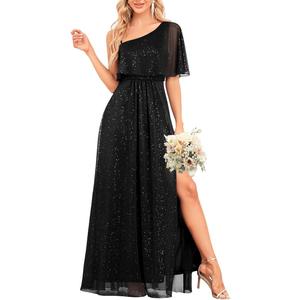 Women's Formal Evening Gowns Dresses Long Glitter One Shoulder Elegant A Line Split Wedding Guest Ball Dress (M)