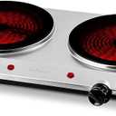 OVENTE Countertop Infrared Double Burner, 1500W Electric Hot Plate and Portable Stove with 7.5” Ceramic Glass Cooktop, 6 Level Temperature Setting and Easy to Clean Base, Silver BGI202S
