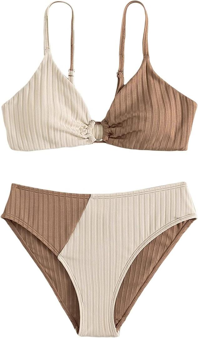 OYOANGLE Girl's 2 Piece Colorblock Ring Linked Bikini Swimsuit Ribbed Knit Bathing Suit Apricot Khaki 10-11Y