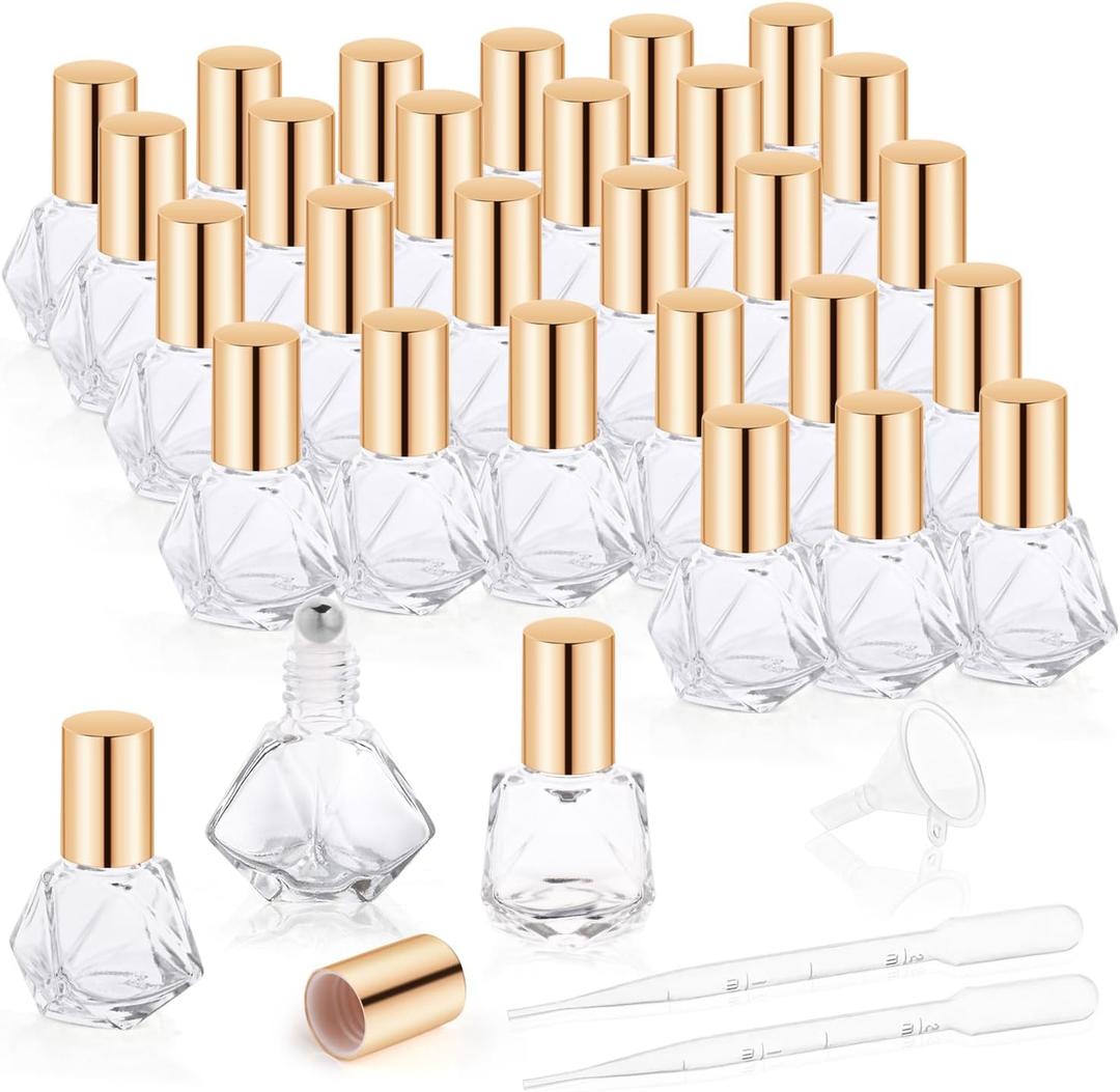30 Pcs 8ml/0.27oz Essential Oil Roller Bottles Glass Polygonal Roller Bottles Empty Cosmetic Vials Containers with Stainless Steel Roller Balls for Travel Perfume Essential Oil, 2 Dropper, 1 Funnel