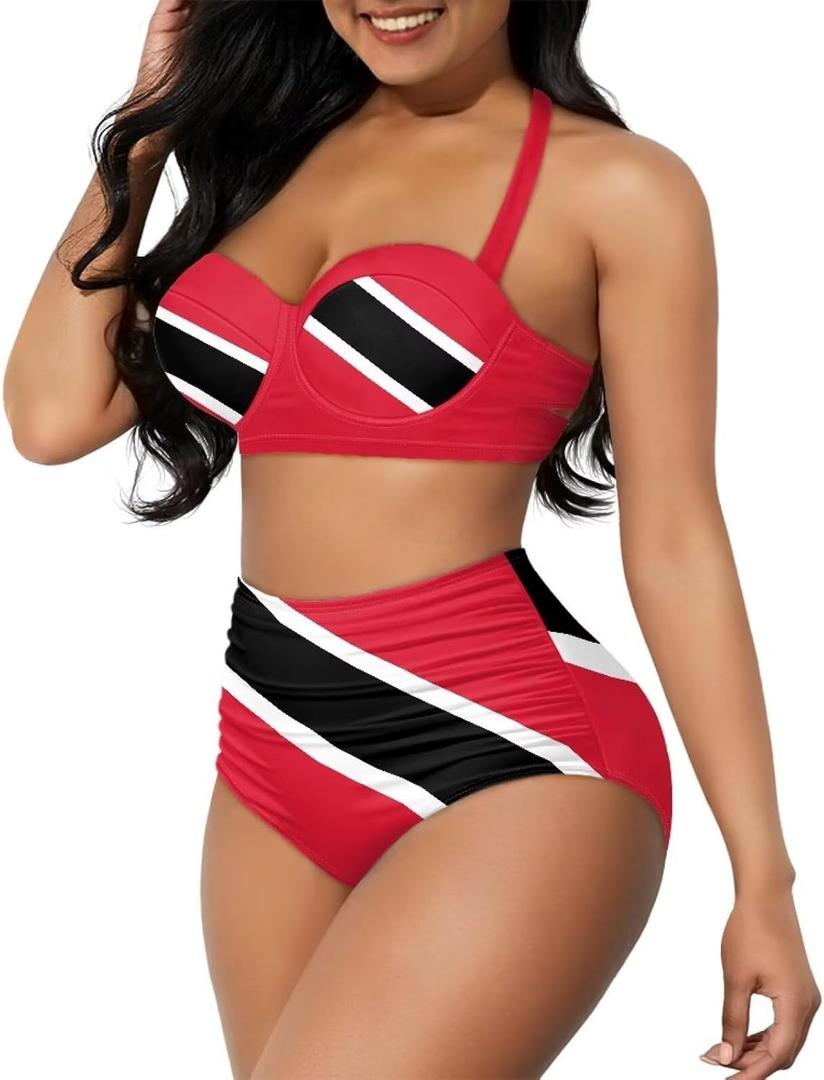 Women High Waisted Bikini Set Two Piece Tummy Control Swimsuit Halter Top with Bottom Cheeky Bathing Suit Size Large (Red)