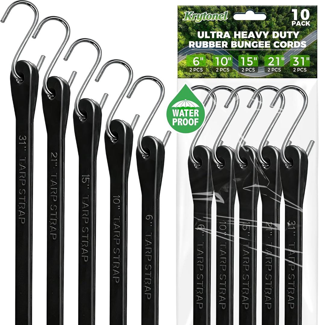 Bungee Cords with Hooks Heavy Duty 10 Pack – EPDM Rubber UV Resistant, Assorted 6 10 15 21 31 Inch, Tarp Straps Tie Down for Truck Cargo, Motorcycle, Luggage, Canopy