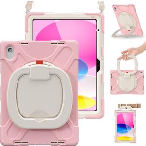 BRAECN Case for iPad 10th Generation 2022 10.9 Inch A2696 A2757 A2777-Shockproof Silicone Cover w/ Pencil Holder/ 360°Swivel Ring Stand/ Handle Grip/ Kickstand/ Shoulder Strap/ Screen Protector, Sakura Pink