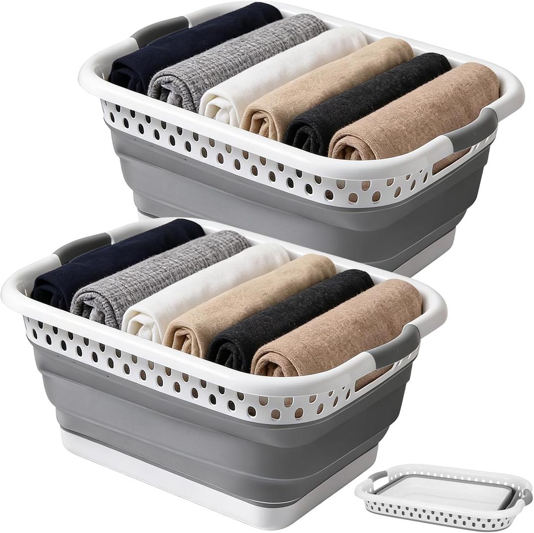 2 Pack Collapsible Laundry Baskets, 11 Gallon 42L Collapsible Laundry Clothes Hamper, Foldable Laundry Hamper with Non-Slip Handles, Portable Space Saving Pop-Up Laundry Hamper Storage Container, 20.8" x 15.3" x 8.6"