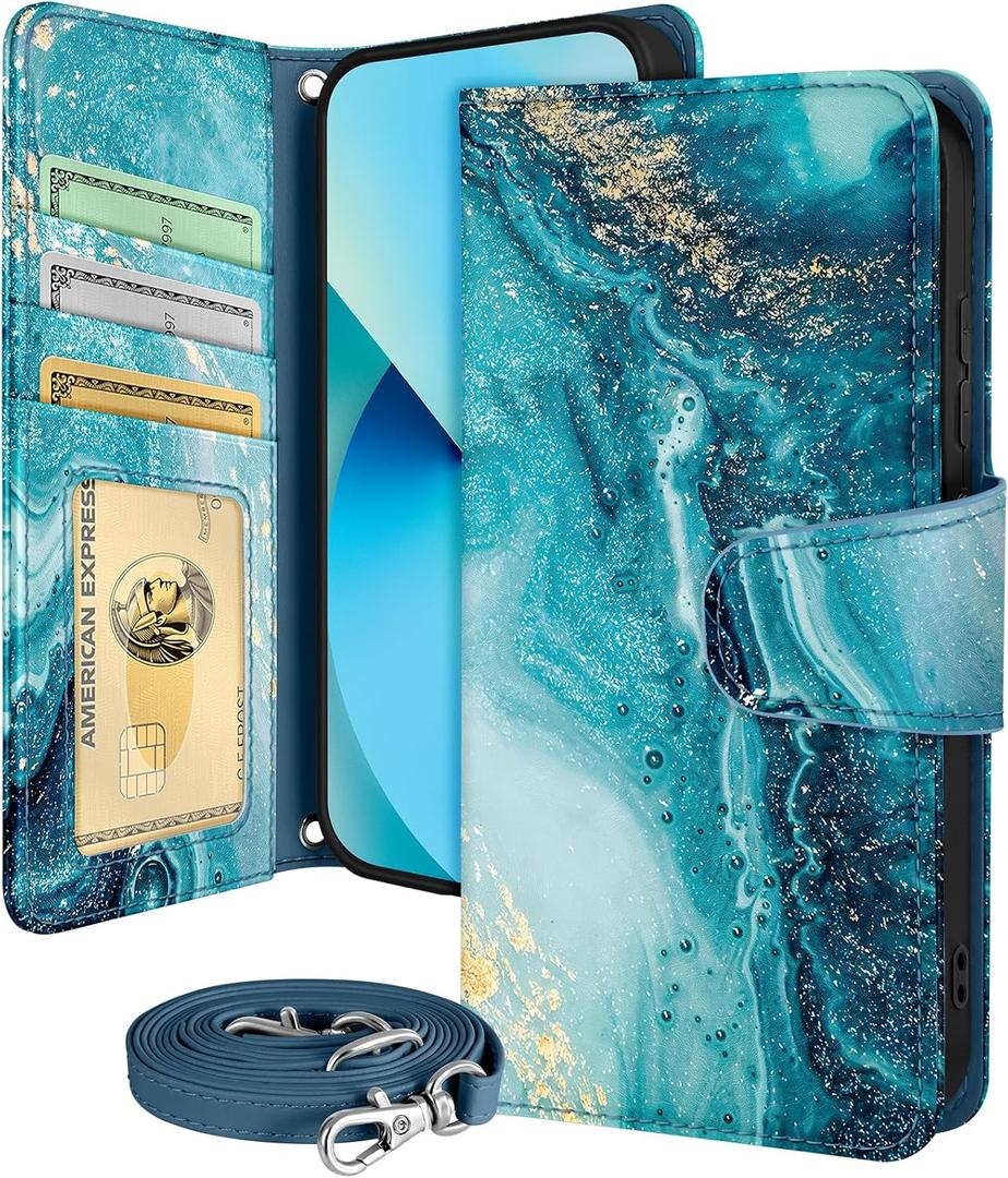Buleens for Samsung Galaxy S23 Wallet Case for Women - with Card Holder S23 Flip Case Leather Crossbody Cute Aesthetic Galaxy S23 Case with Strap Kickstand for Girls Girly, Dark Blue Marbled