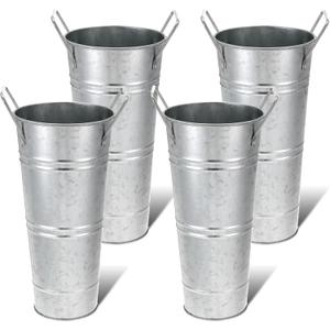 4 PCS Galvanized Metal Vases for Flowers, 9 Inch Farmhouse Rustic French Flower Bucket with Handles, Rustic Style Metal Flower Holder for Cut Flowers, Country Wedding, Table Centerpiece Decorations