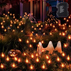 Brizled Halloween Pathway Lights, 7.54ft 3 Pack Candle Flame Orange Lights Outdoor with Timer, Battery Powered Halloween Light Waterproof Spooky Path Light for Path Yard Walkway Garden Thanksgiving