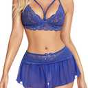 klier Women Lingerie Set Sexy Babydoll Set 3 Piece Lace Bralette, Mini Skirt with G-String Sets Bright Blue