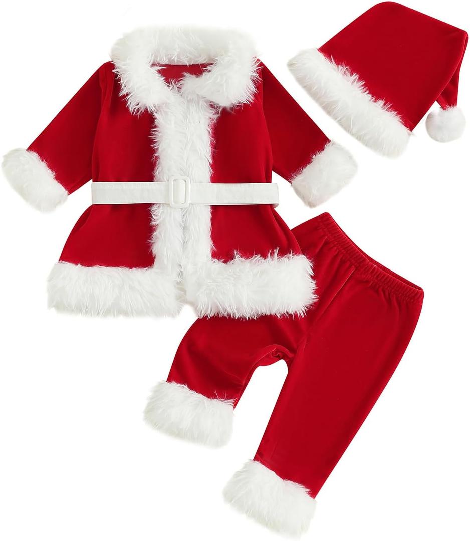 Toddler Baby Boys Girls Christmas Santa Costume Velvet Long Sleeve Jacket+Long Pants+Hat Xmas Cosplay Party Outfits (5-6 Years, Red)