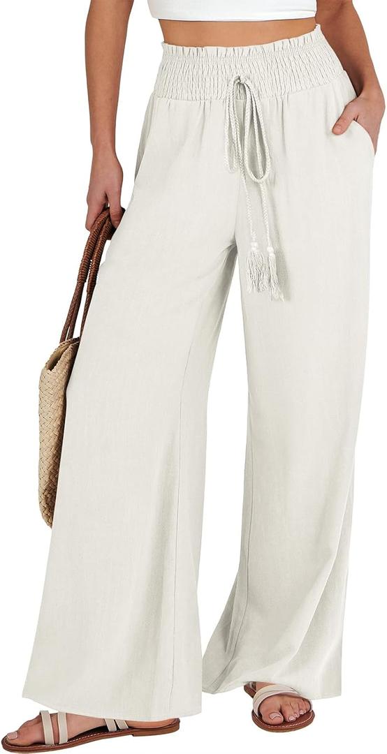 ANRABESS Women's Linen Pants Summer Casual Palazzo Beach Pant Drawstring High Waist Wide Leg Trousers Vacation Outfits Medium Beige