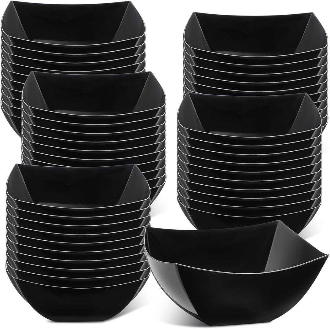 Tanlade 50 Pcs Square Plastic Serving Bowls Disposable Snack Salad Bowl Small Party Candy Bar Containers Taco Bar Serving Dishes for Buffet Chips Fruit(Black,16 oz)