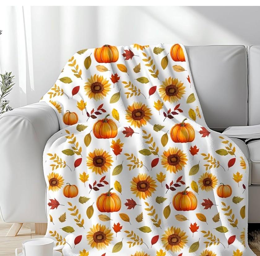 Fall Throw Blanket, Pumpkin Flannel Throw Blanket Fall Thanksgiving Autumn Pumpkins Soft Warm Autumn Leaves Flannel Blankets for Living Room Couch Bed Chair Dorm, 50"x60", Yellow