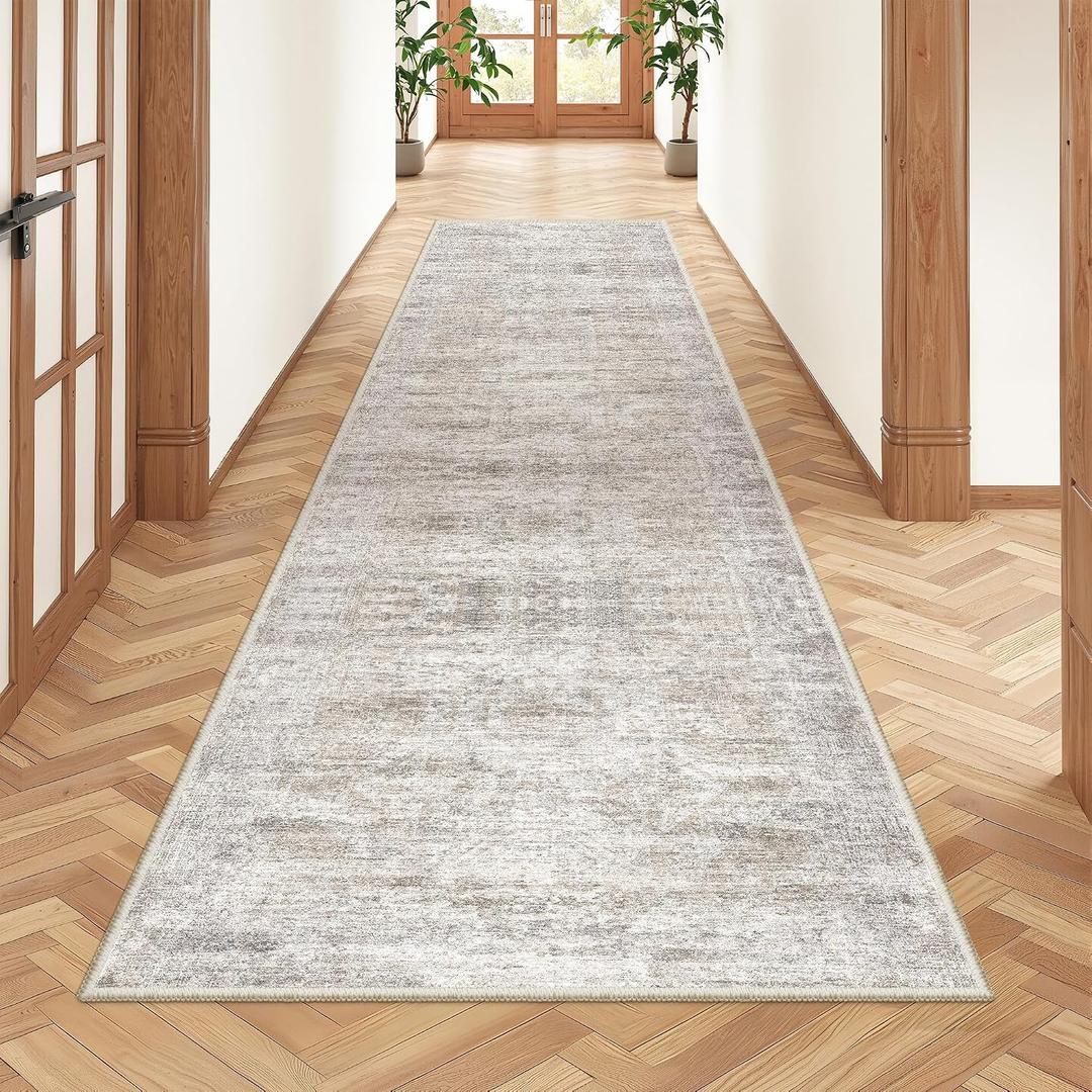 Rug Runners for Hallways Non Slip - 2x8 Runner Rug for Bedroom, Washable Runner with Rubber Backing, Soft Low-Pile Carpet for Kitchen, Laundry, Bathroom (2'x8', Brown/Grey/Ivory)