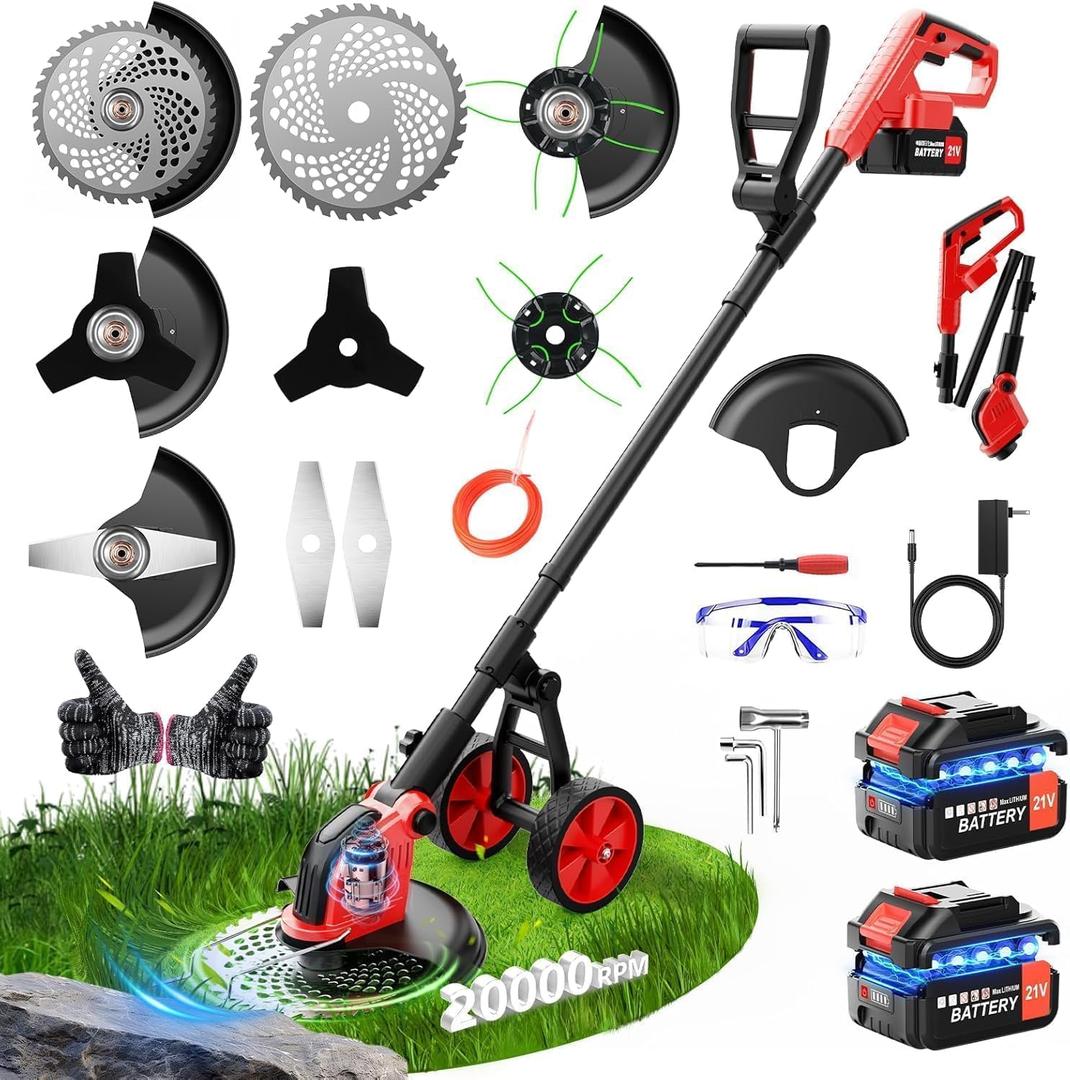 6000mAh Electric Weed Eater Battery Powered,12 Brushless Electric Weed Wacker Cordless Wheeled String Trimmer,4 in 1 Grass Trimmer/Brush Cutter/Grass Edger/Weed Trimmer 5 Blade, 2 Battery (Red)
