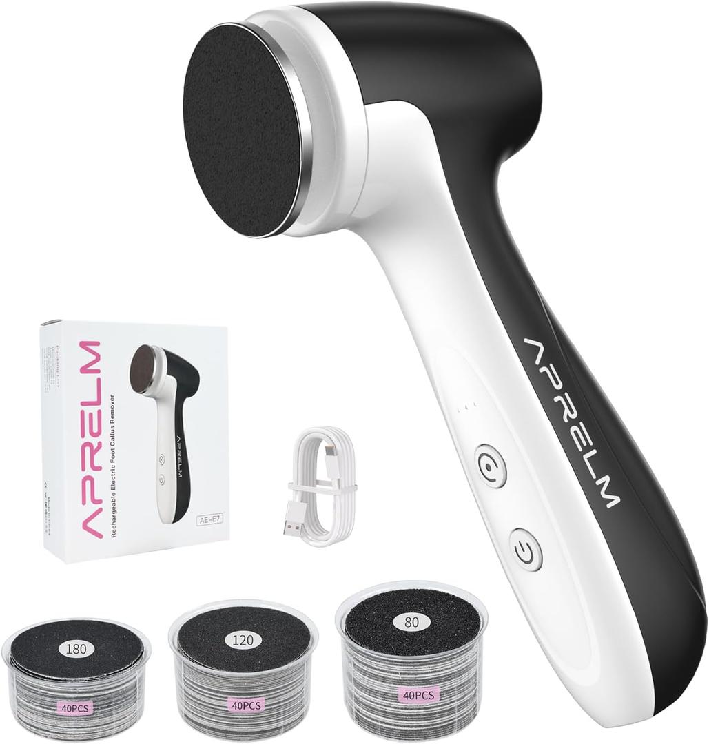 Rechargeable Electric Foot Callus Remover with 3-Sizes 120Pcs Sandpaper Discs, Professional 1000RPM 3-Speed Control Electric Foot File (E Black)