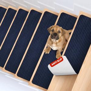 MBIGM 8" X 30" (15 in Pack) Non-Slip Carpet Stair Treads Non-Skid Safety Rug Slip Resistant Indoor Runner for Kids Elders & Pets with Reusable Adhesive - Navy - Carpet Pads for Stairs