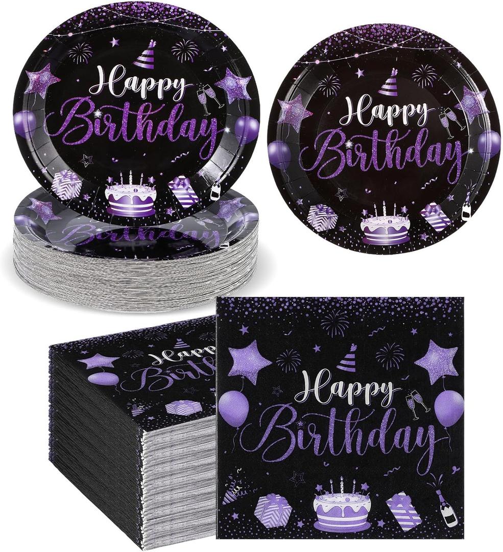 SiliFine 120 Pcs Happy Birthday Party Supplies Tableware Set Disposable Happy Birthday Plates and Napkins for 60 Guests Man Woman 50th 70th 80th Birthday Party Decorations (Black Purple)