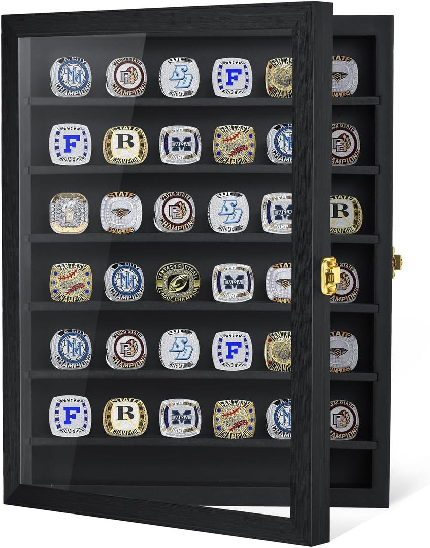 Championship Ring Display Case, 36 Ring Posts Sports Ring Display Case Wooden Shadow Box for Baseball Basketball Football Softball Award Rings Fan Souvenirs
