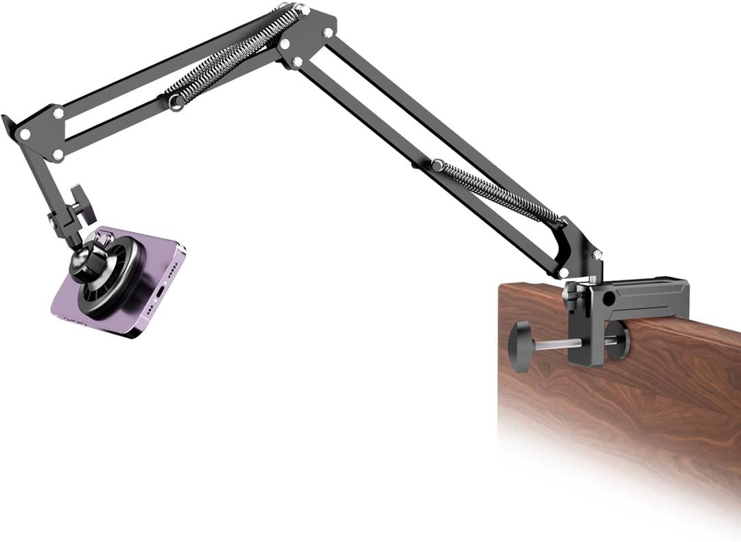 Gooseneck Bed Phone Holder for Magsafe iPhone Stand, Desk Magnetic Phone Arm Mount with Clamp, Adjustable Bedside Laying Down Tablet Mount Compatible with Kindle iPhone 15 14 13 12