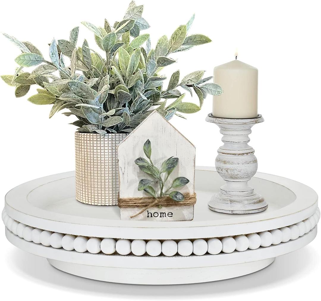 Farmhouse Countertop Organizer - Lazy Susan Turntable with Beads, 360 Degrees Rotating Display Stand for Spice Racks, Centerpiece Tray, White