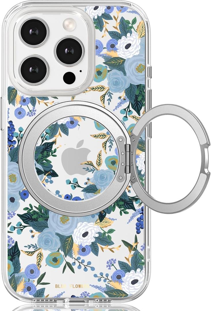 for iPhone 13 Pro Case with MagSafe Stand Ring for Women, Cute Spring Floral Design with 360 Kickstand Holder Magnetic Shock Proof Heavy-Duty Protection Blue Flower