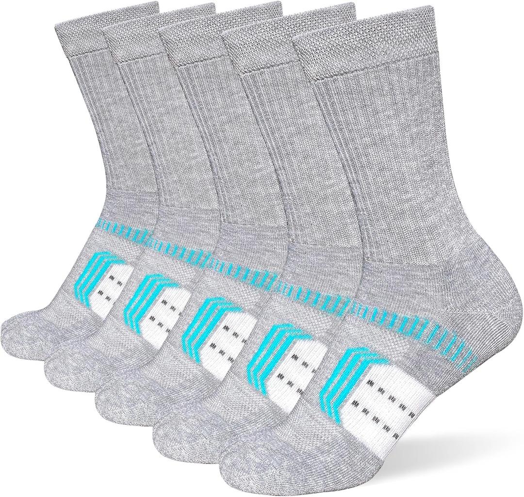Womens Cushioned Athletic Running Crew Socks Breathable Wicking Comfort Hiking Socks 5 Pairs (Gray)