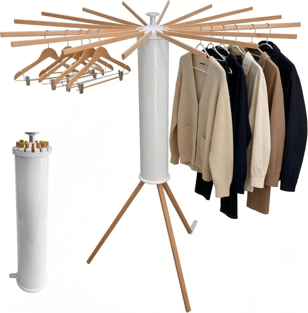 Clothes Drying Rack Foldable, Rotary Tripod Laundry Drying Rack,16 Wooden Poles,Rotatable Portable Floor Standing Clothes Airer,Laundry Drying Rack Floor Standing, beech