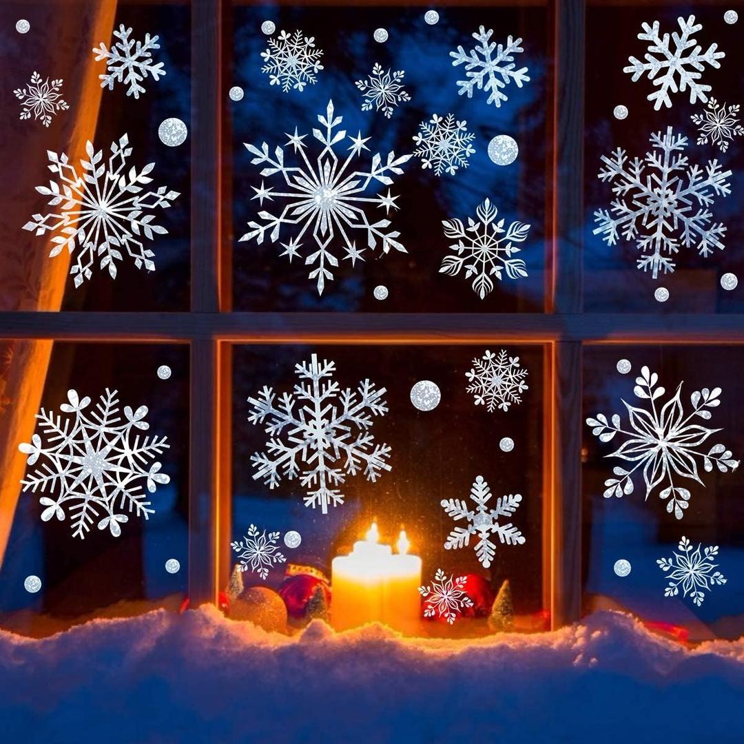 DC-BEAUTIFUL 318 Pcs Christmas Snowflakes Clings Decoration Set, White Christmas Theme Window Stickers, Winter Snow Flakes Clings Party Decal (12 Sheets)