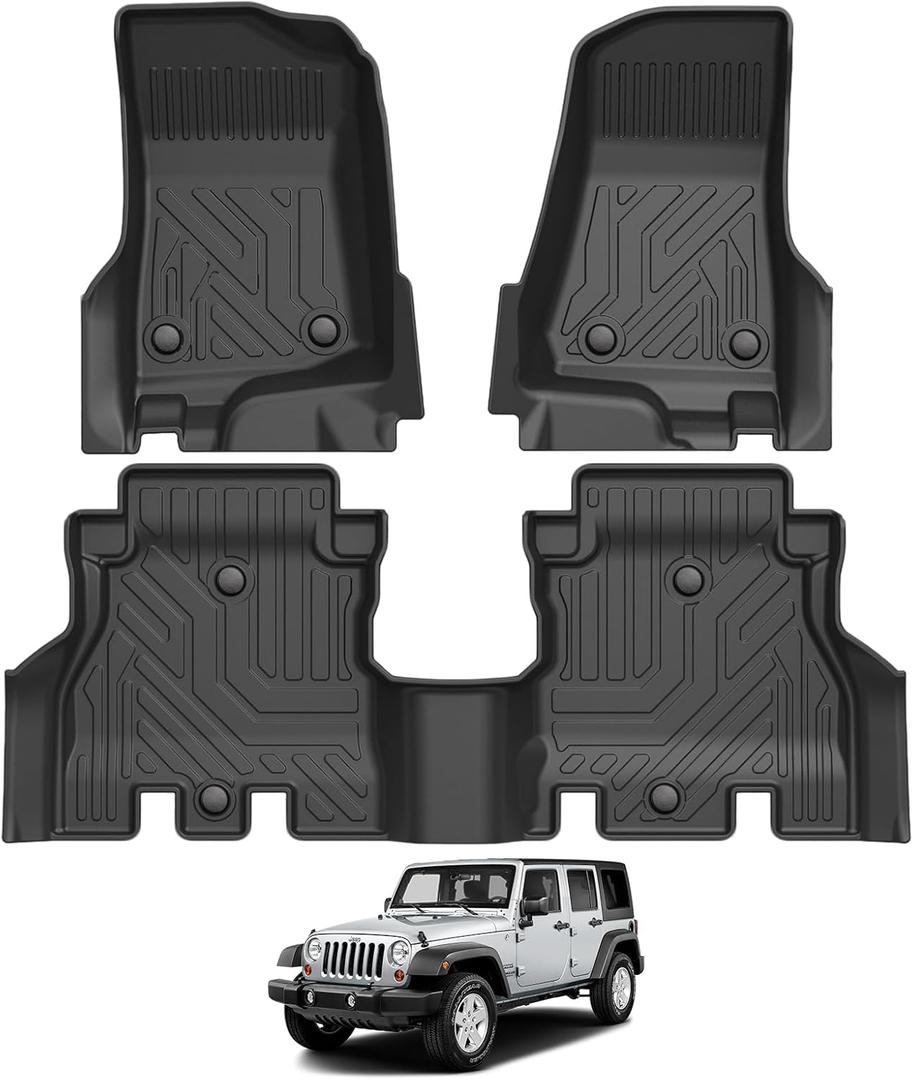 Falafa Floor Mats Fits for Jeep Wrangler JL Unlimited 4 Door 2018-2025(Not Fit for JK or 4XE) All Weather TPE Custom Heavy Duty Floor Liners Includes 1st & 2nd Row Car Mats, Black
