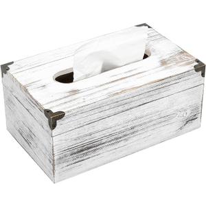Distressed Wooden Rustic Facial Tissue Box Holder Tissue Box Cover Napkin Dispenser for Bathroom Living Room Dining Room Bedroom Toilet (Washed White)