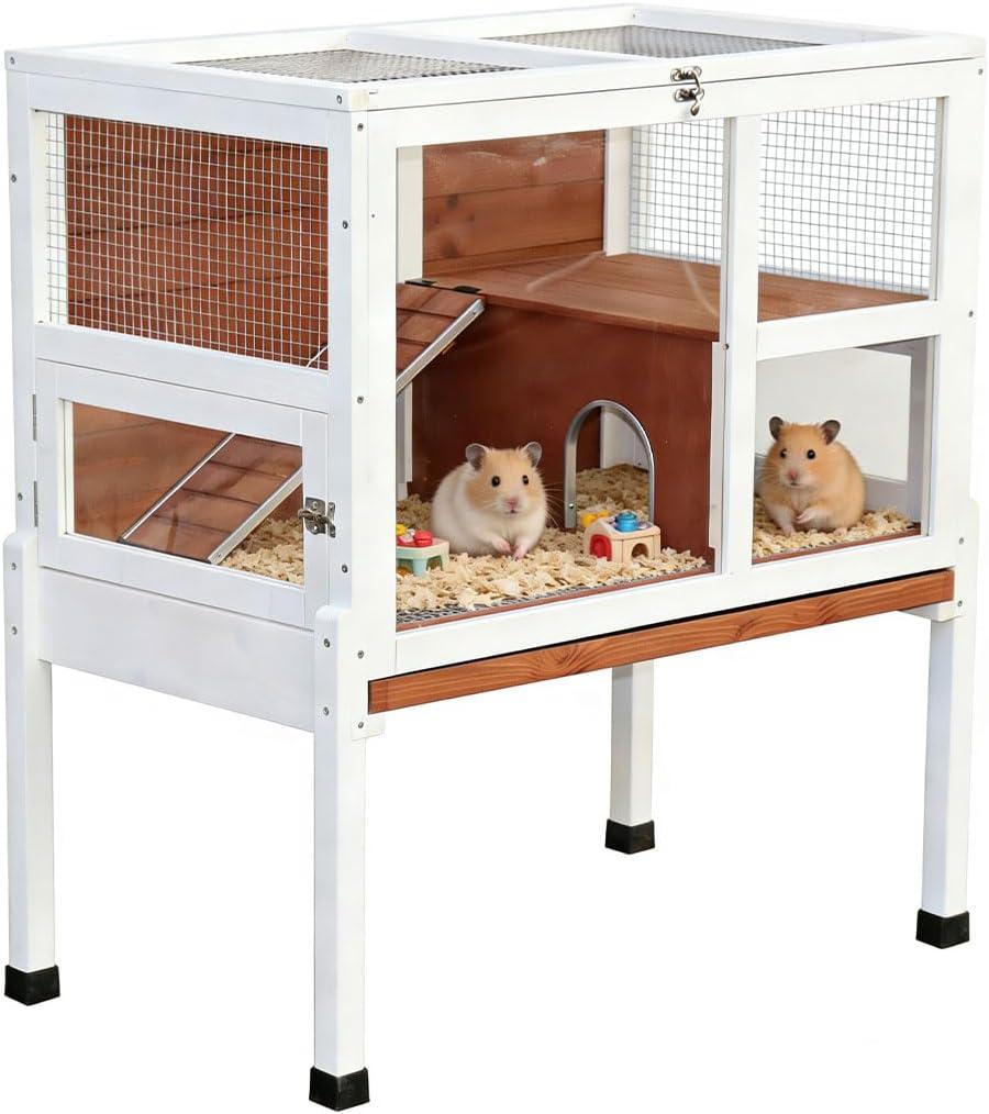 2-Story Guinea Pig Cage with Stand, Indoor Wooden Hamster Cage with Ramp, Pull-Out Tray, Hideout & Platform, Acrylic Transparent Small Animal Habitat for Chinchillas, Ferrets, Hedgehogs, Walnut