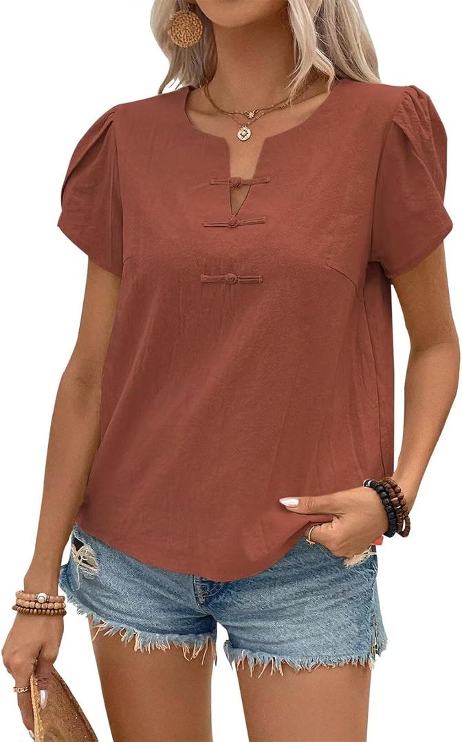 Blouses for Women Short Sleeve Tops Blouses for Women Dressy Casual Cute Summer Tops 2025 Trendy V Neck T Shirts Orange Petal Sleeve Tunic Shirts Spring Cotton Vacation Fall Tulip Beach XL