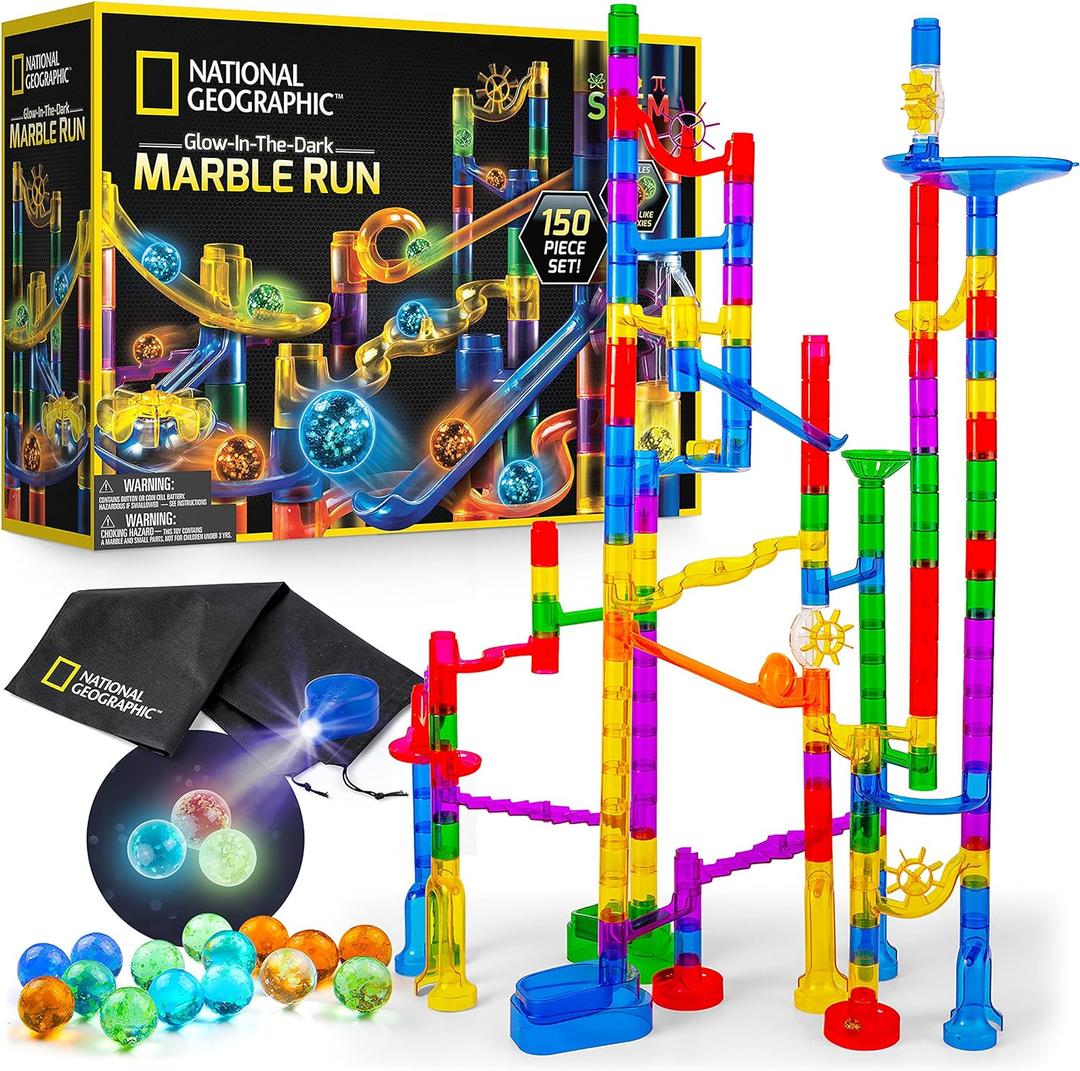 NATIONAL GEOGRAPHIC Glowing Marble Run 150 Piece Construction Set with 30 Glow in The Dark Glass Marbles & Storage Bag, STEM Gifts for Boys and Girls, Building Project Toy 