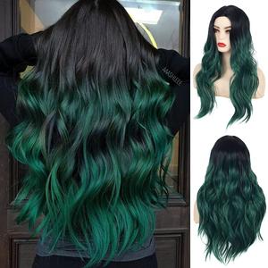 Baruisi Long Curly Wavy Ombre Black Green Wig Synthetic Natural Middle Part Cosplay Costume Hair Wigs for Women
