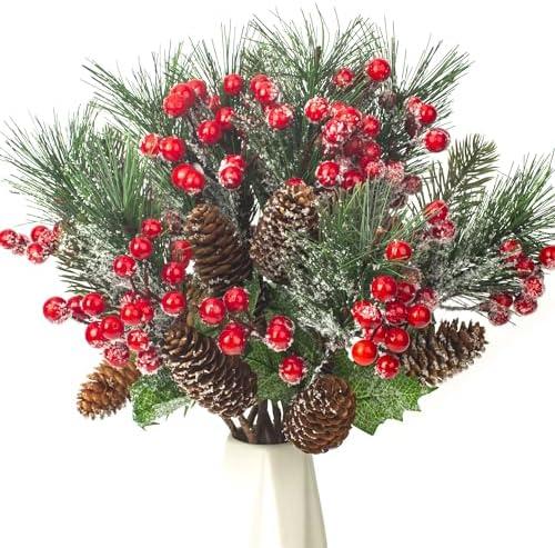Grunyia 10 Pack Artificial Pine Branches Fake Greenery Pine Picks Artificial Red Berry Stems Christmas Pine Needles for Garland Wreath Christmas and Home Garden Decor