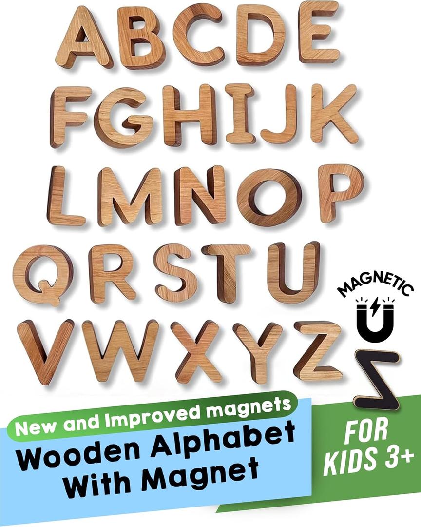 Alphabet Magnets - Magnetic Letters for Kids, Wooden Letters for Learning & Classroom Supplies, Ideal for Refrigerators, School Board, & Early Literacy Educational Toys 3+ (Uppercase)