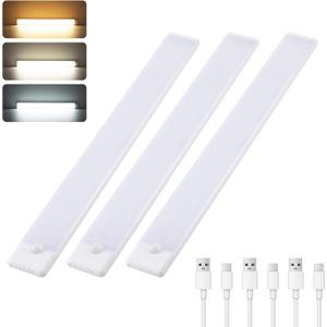 Wireless Under Cabinet Lighting 12 Inch 3 Pack, 1500mAh Magnetic Motion Sensor Light USB C Rechargeable Closet Lights, 3 Color Dimmable LED Night Light Stick on Under Counter Lights for Kitchen Stairs