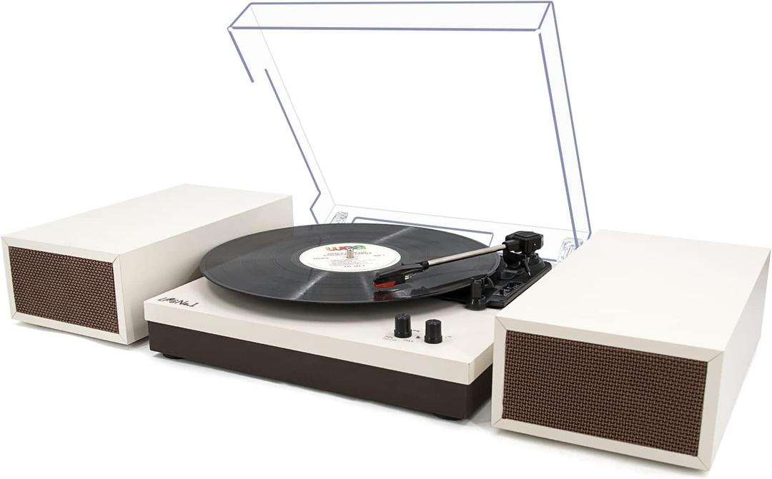 LP&No.1 Wireless Turntable with Stereo Bookshelf Speakers, Retro Record Player with Wireless Playback, 3 Speed Belt-Drive Vintage Turntable with Auto Off, Milk White Wood 